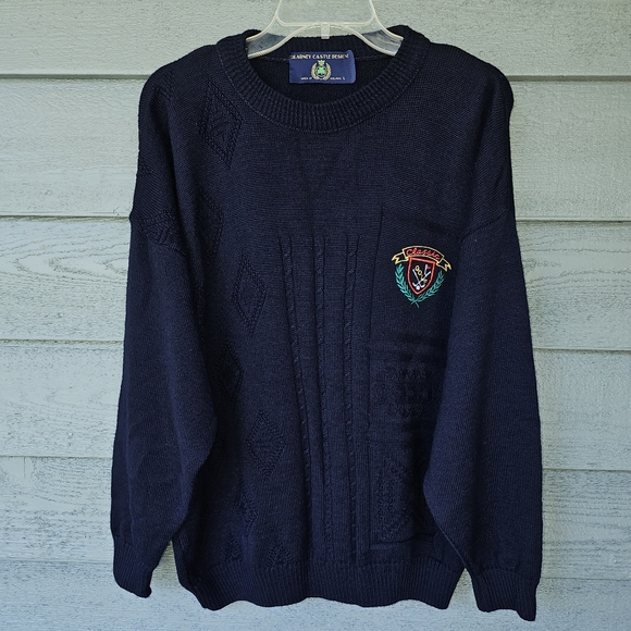 Vintage Blarney Castle Design Men's Large Navy Wool Blend Knit Pullover Sweater - Picture 1 of 7
